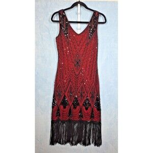 Gatsby 1920 Inspired Fringe Mesh Sequin Overlay Flapper Dress sz S Costume Party